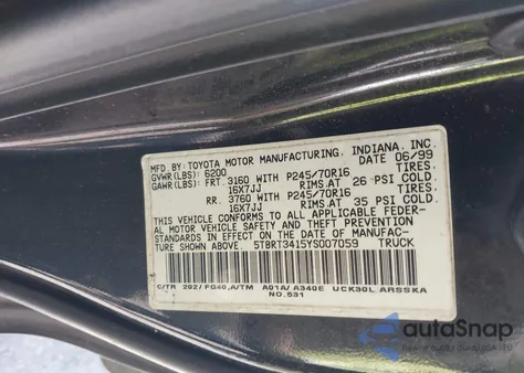 2000 Toyota Tundra Sr5 V8 из США, поврежденный, VIN 5TBRT3415YS007059